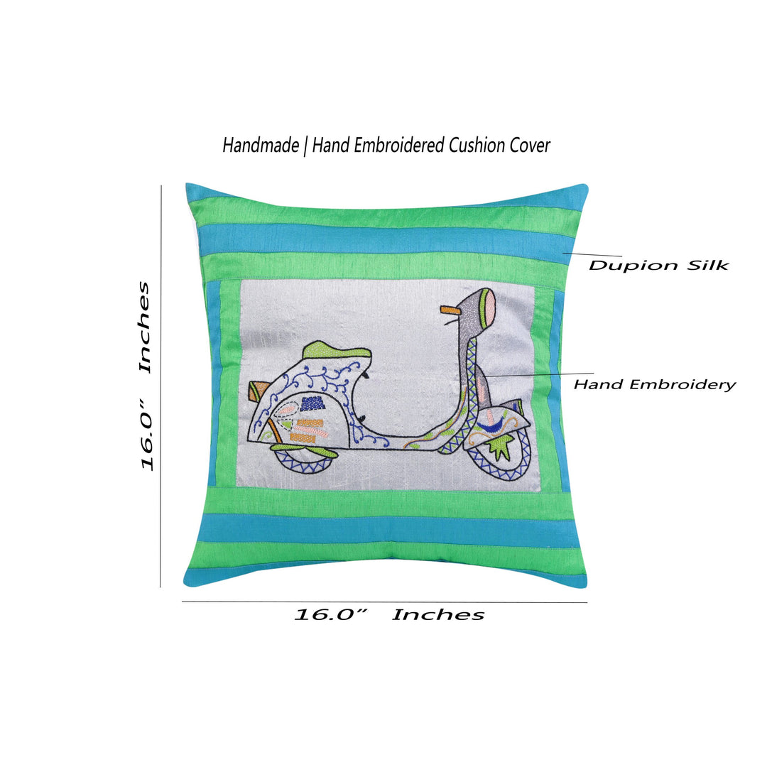 Indha Embroidered Cushion Cover - Unique Sea Green &amp; Blue Design with Lambretta Scooter | 16.0 X 16.0 Inch Cushion Cover Set of 2 | Corporate Gifting | Home Decor | Throw cushion cover | Home Furnishing