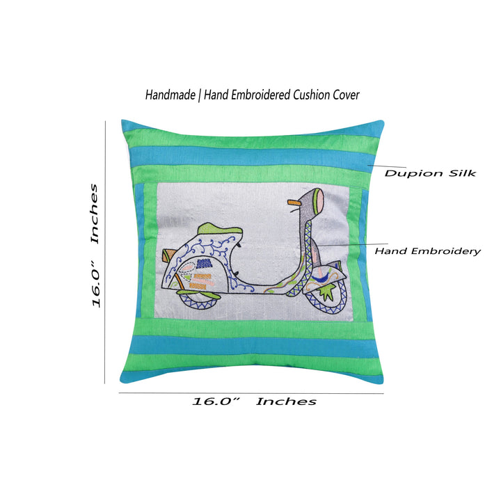 Indha Embroidered Cushion Cover - Unique Sea Green &amp; Blue Design with Lambretta Scooter | 16.0 X 16.0 Inch Cushion Cover Set of 2 | Corporate Gifting | Home Decor | Throw cushion cover | Home Furnishing