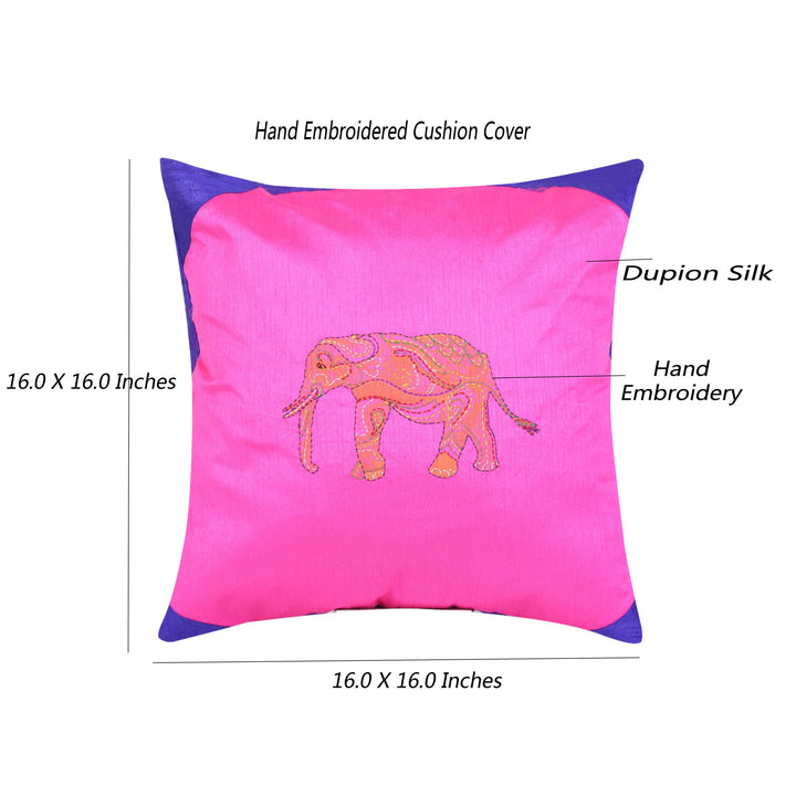 Indha Hand Embroidered Cushion Cover Elephant Embroidery | 16.0 X 16.0 Inch Cushion Cover | Set of 2 Silk Cushion Cover | Corporate Gifting | Home Furnishing | Home Décor
