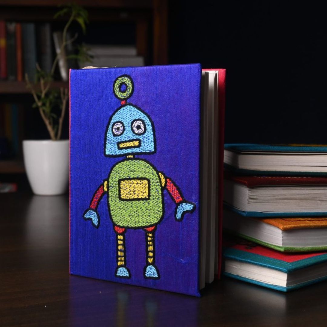 INDHA Handcrafted Recycle Paper diary | Eco Friendly Diary | Gifting | Corporate Gifting| Handmade Diary | Robot Embroidery Diary|Gift for Children|Inspiring Birthday Gift|Futuristic Diary|Silk Fabric