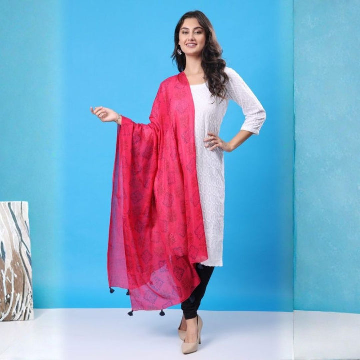 INDHA Stole | Pink Voil Cotton Stole | Hand Block Printed Blue &amp; Red Gemetric Pattern | Hand Block Printed Stole | Stoles for Women | Ethnic Stoles | Gifting | Fashion Wear | Indo Western Stole | Fashion Accessory | Light Weight Voil Fabric