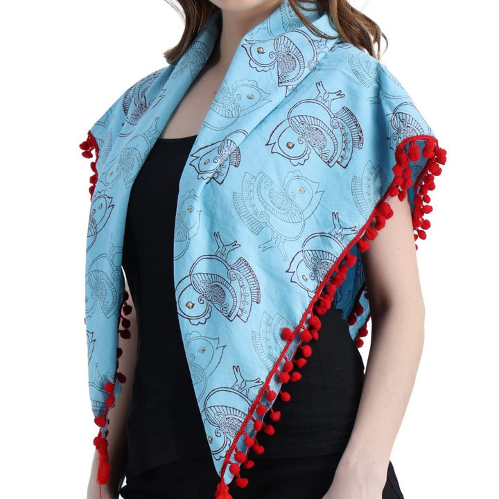 Birds Block-Printed Sky Blue Scarf for Girls & Woman