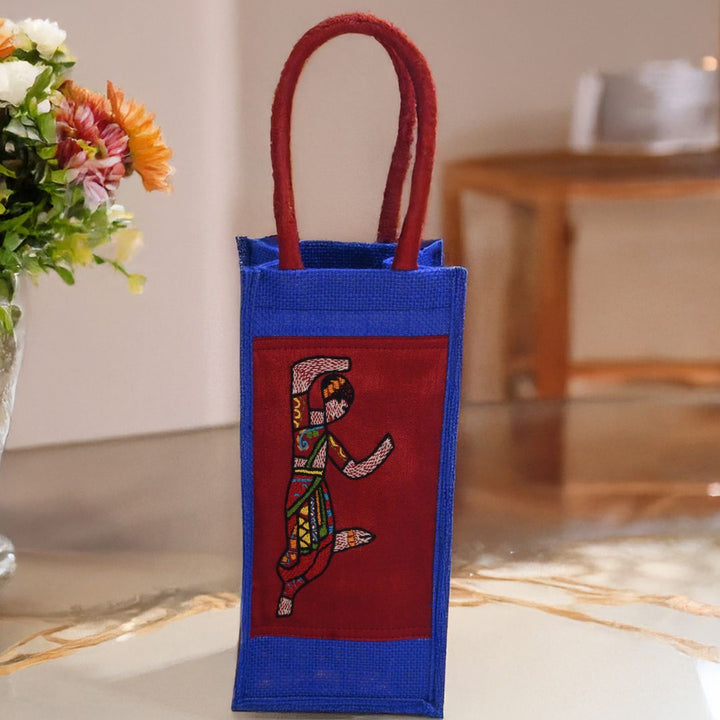 Indha Blue Jute Bottle Carry Bag – Dancing Lady Appliqué | Eco-Friendly &amp; Handcrafted