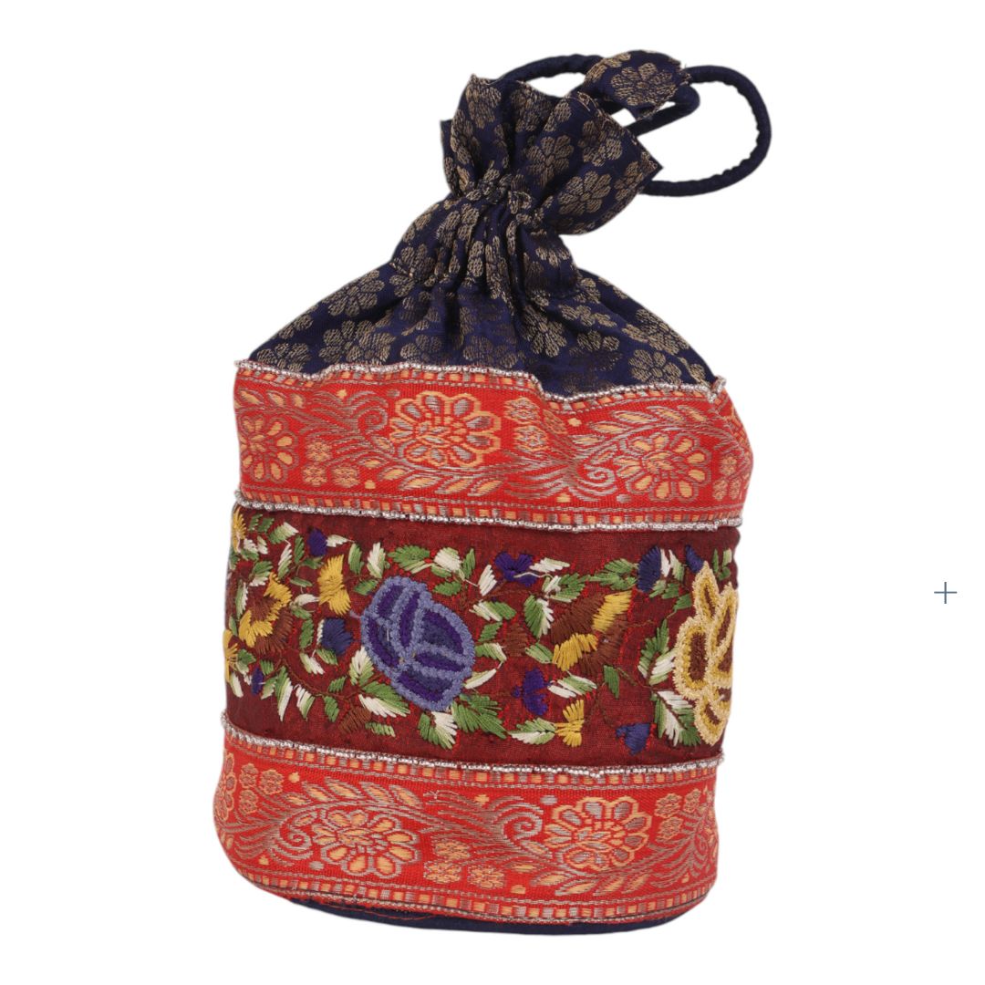 Indha Royal Blue Brocade Silk Potli with Hand-Embroidered Persian Knot and Zari Border Work – A Timeless, Elegant Accessory for Festive Occasions and Special Celebrations.