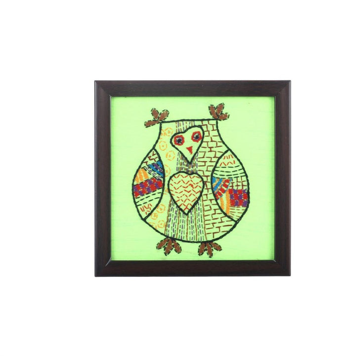 INDHA Neon Green Hand-Embroidered Wooden Glass Coaster for Home/Office Coffee Table set of 2