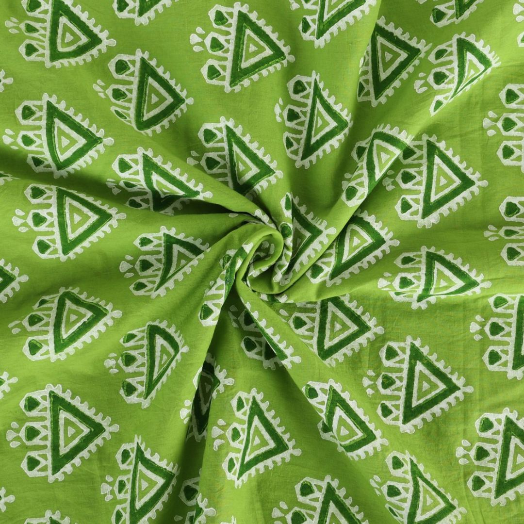Abstract Art Hand Block-Printed Green Cotton Fabric