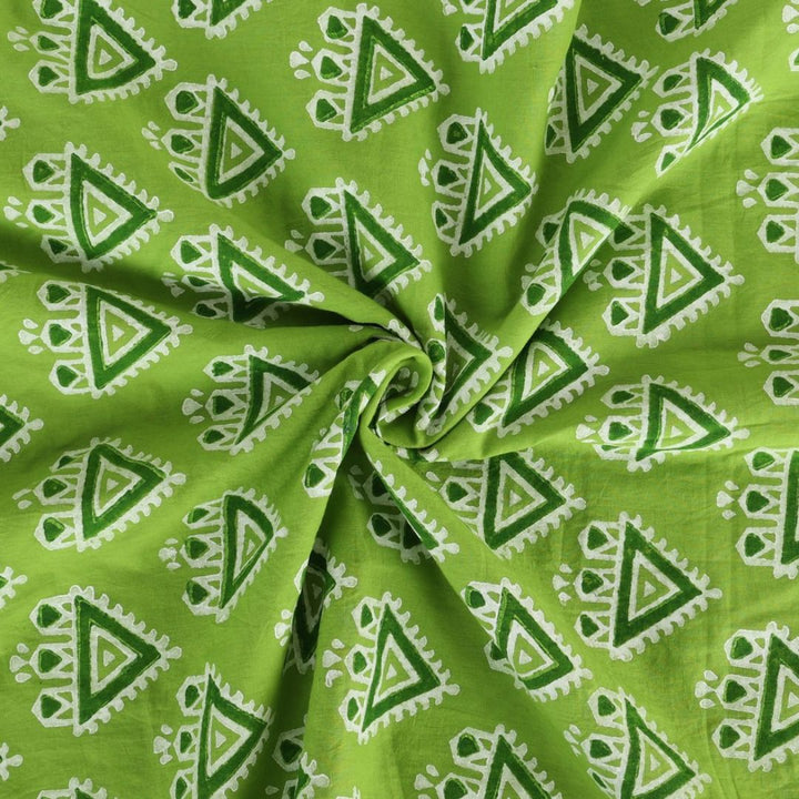Abstract Art Hand Block-Printed Green Cotton Fabric