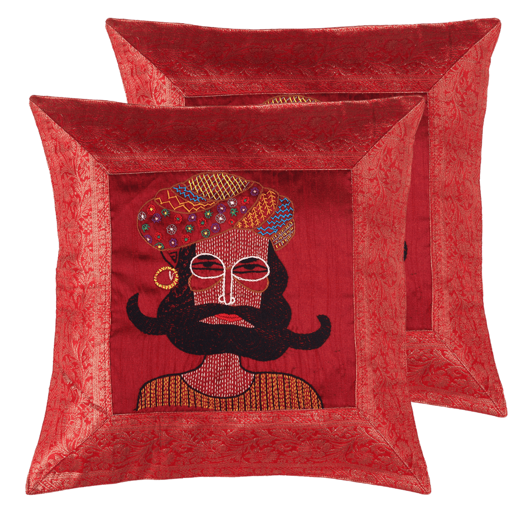 Indha Hand Embroidered Cushion Cover Rajasthani-Man Embroidery | 16X16 Cushion Cover Zari Border | Home Furnishing | Corporate Gifting | Brocade Cushion Cover Set of 2