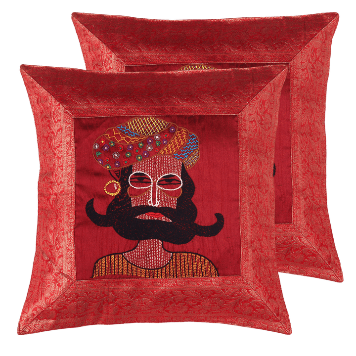 Indha Hand Embroidered Cushion Cover Rajasthani-Man Embroidery | 16X16 Cushion Cover Zari Border | Home Furnishing | Corporate Gifting | Brocade Cushion Cover Set of 2
