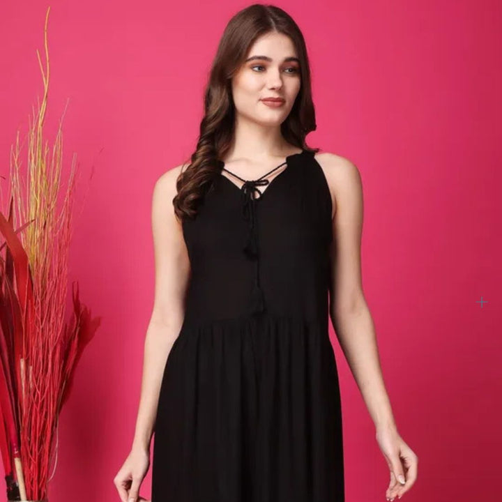 Indha Women Solid Flared Black Dress  | Long Dress | Rayon Dress -XL