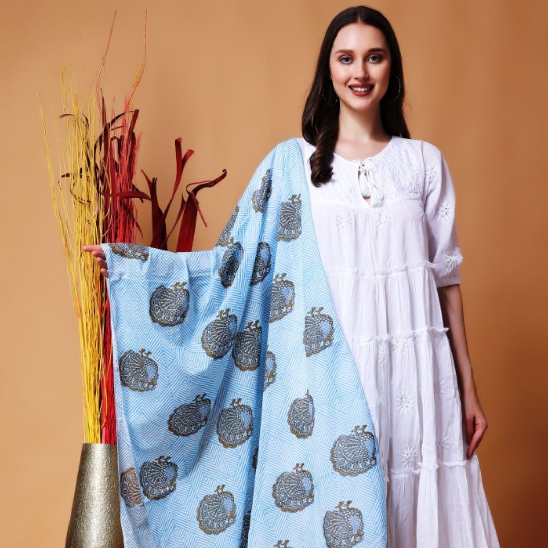 INDHA Stole | White Cotton Stole | Hand Block Printed Blue Geometric Design Pattern And Brown Peacock Design Motif | Hand Block Printed Stole | Stoles For Women | Ethnic Stoles | Gifting | Fashion Wear | Indo Western Stole | Fashion Accessory