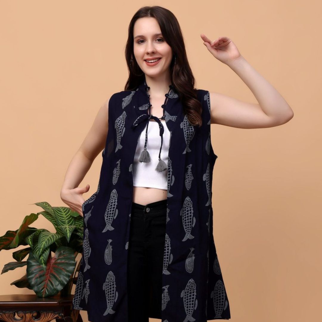 Indha Hand Block Printed Blue Shrug Jacket for Girls | Open Front Shrug For Girls | Fish Motifs Print Blue Short Jacket &amp; Boleros For Girls