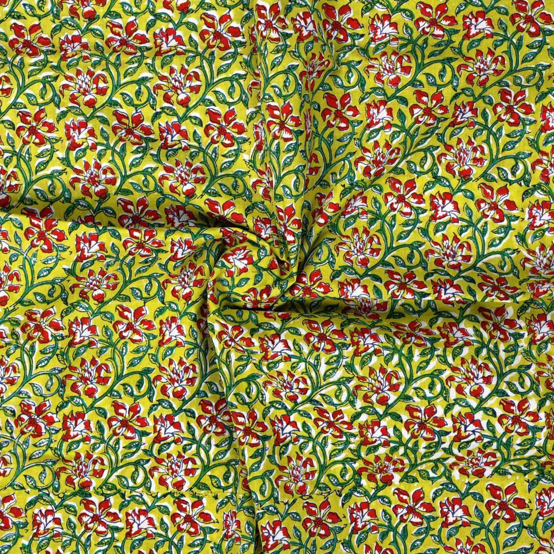 INDHA Hand Block-Printed Cotton Fabric | Red And White Floral Design Motif Lemon Green Cotton Fabric | Hand Block Printed Fabric | Home Utility | Fashion Utility | Gifting | Gifts For Him | Gifts For Her | Home Furnishing | Jaipuri Block Print Fabric