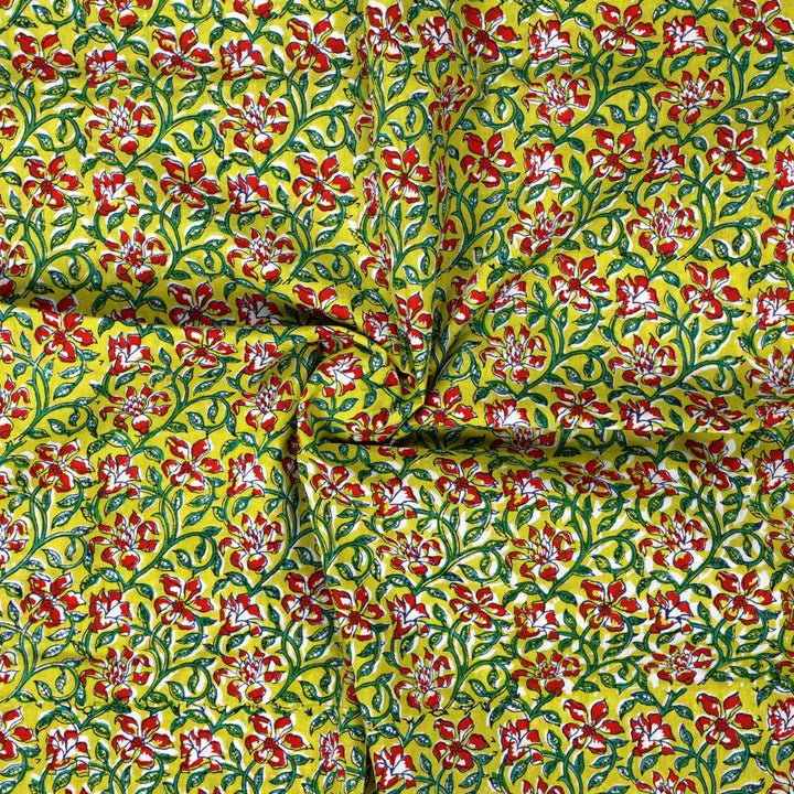 INDHA Hand Block-Printed Cotton Fabric | Red And White Floral Design Motif Lemon Green Cotton Fabric | Hand Block Printed Fabric | Home Utility | Fashion Utility | Gifting | Gifts For Him | Gifts For Her | Home Furnishing | Jaipuri Block Print Fabric