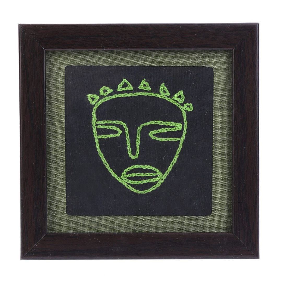 INDHA Glass Coasters With Embroidered Tribal face In Wooden Frame | Set of 2