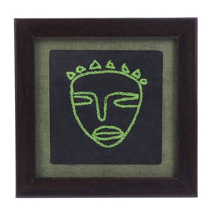 INDHA Glass Coasters With Embroidered Tribal face In Wooden Frame | Set of 2