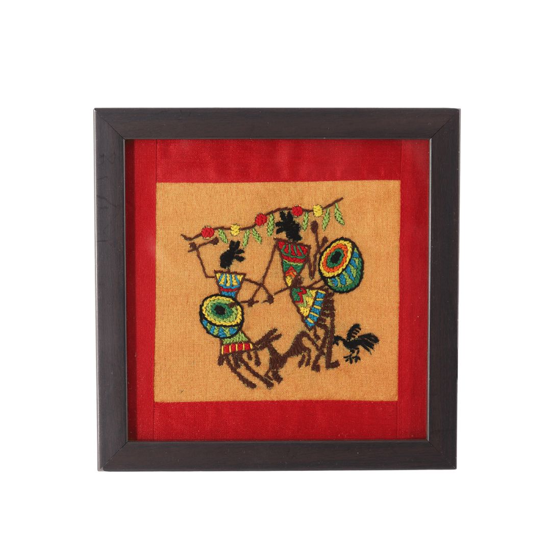 INDHA Table Top Wooden Tribal Art Hand-Embroidered Motif Glass Coaster Set of 2