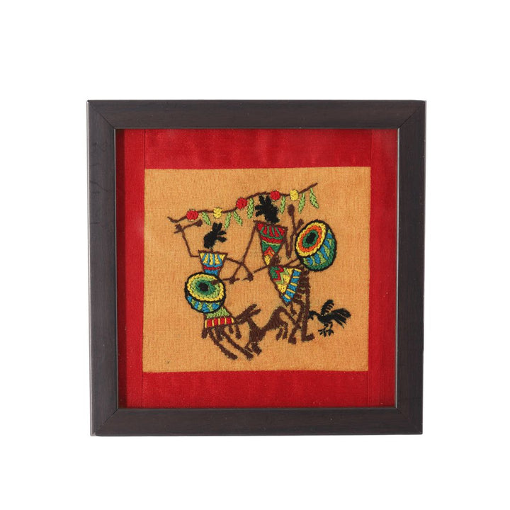 INDHA Table Top Wooden Tribal Art Hand-Embroidered Motif Glass Coaster Set of 2