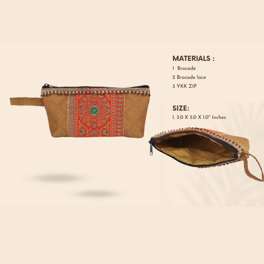 Indha Golden Brocade Utility Pouch with Embroidered Panel | Handcrafted Multipurpose Travel Organizer | Sustainable &amp; Stylish Gifting Idea