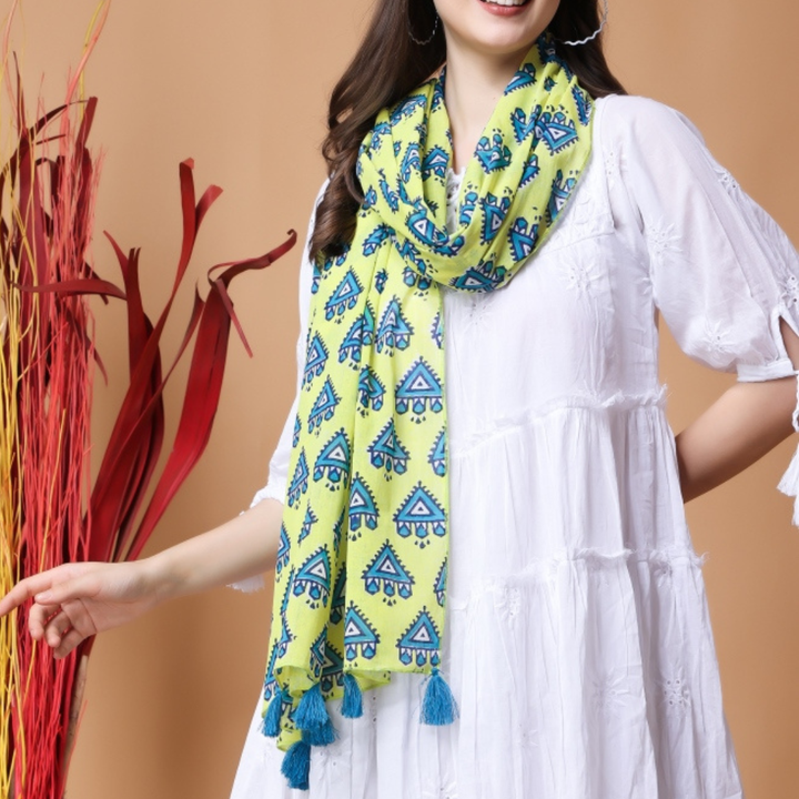 INDHA Hand Block Printed Green Stole | Hand Block Printed Blue Temple Design Motif | Hand Block Printed Stole | Stoles For Women | Ethnic Stoles | Gifting | Fashion Wear | Indo Western Stole | Fashion Accessory