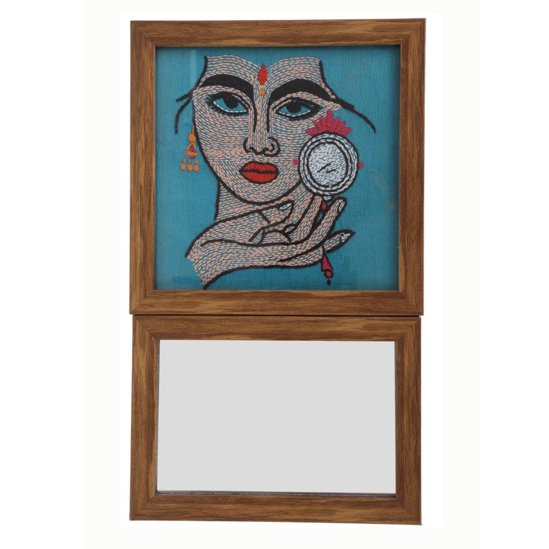 Indha Lady Face Embroidered Wall Art with Mirror | Handcrafted in Repurposed Wood | Exquisite Needlework | Sustainable Home Accent | Unique Gift for Her