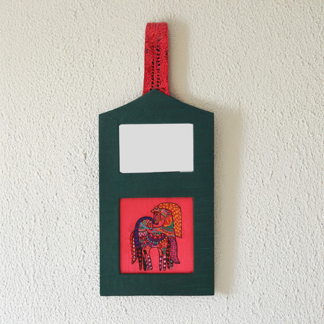 Indha Horse Embroidered Wall Hanging with Mirror | Handcrafted in Repurposed Wood | Artistic &amp; Eco-Friendly Décor | Symbol of Strength &amp; Positivity