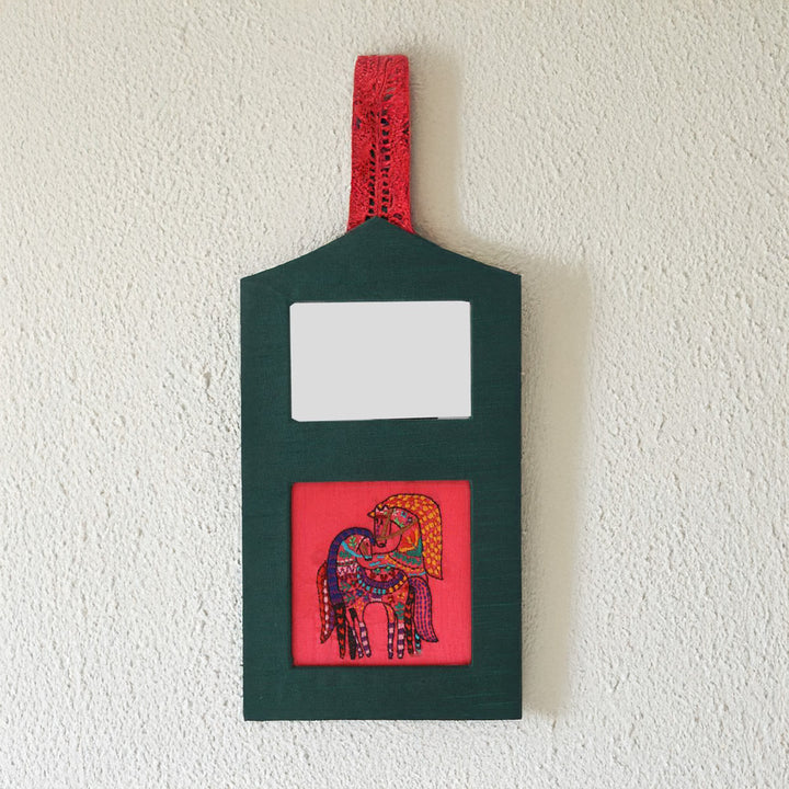 Indha Horse Embroidered Wall Hanging with Mirror | Handcrafted in Repurposed Wood | Artistic &amp; Eco-Friendly Décor | Symbol of Strength &amp; Positivity