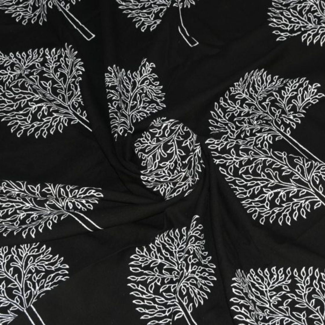 INDHA Hand Block-Printed Jaipuri Cotton Fabric Black Tree Design Motif | Hand Block Printed Fabric | Home Utility | Fashion Utility | Gifting | Gifts For Him | Gifts For Her | Home Furnishing | 3 Meter X 42-44 Wide