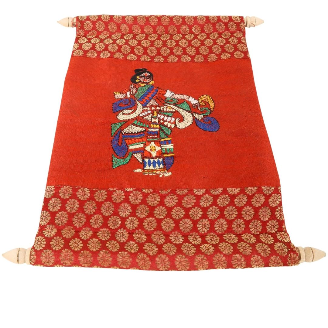 Indha Handcrafted Wall Scroll | Maroon Dupion Silk with Gold Brocade Borders | Handmade Home Décor | Wooden Finials | Gift-Ready Hanging Scroll