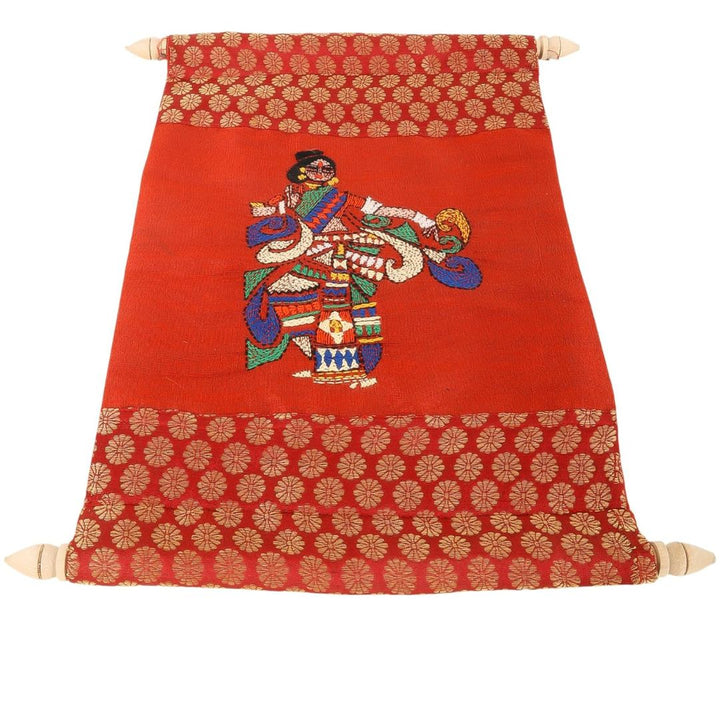 Indha Handcrafted Wall Scroll | Maroon Dupion Silk with Gold Brocade Borders | Handmade Home Décor | Wooden Finials | Gift-Ready Hanging Scroll