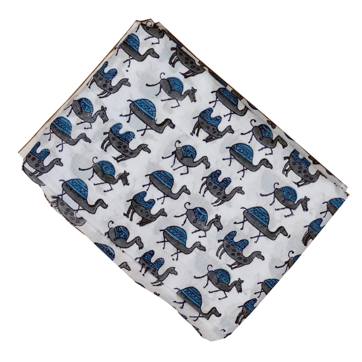 INDHA Hand Block-Printed Cotton Fabric | Blue And Grey Camel Design Motif Light Grey Cotton Fabric | Hand Block Printed Fabric | Home Utility | Fashion Utility | Gifting | Gifts For Him | Gifts For Her | Home Furnishing | Jaipuri Block Print Fabric