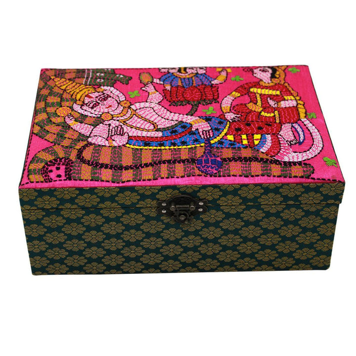 INDHA Brocade Green Colour Hand Embroidered Multiutility Gift Box/ Storage Box/ Jewellery Box/Diwali Gift Box