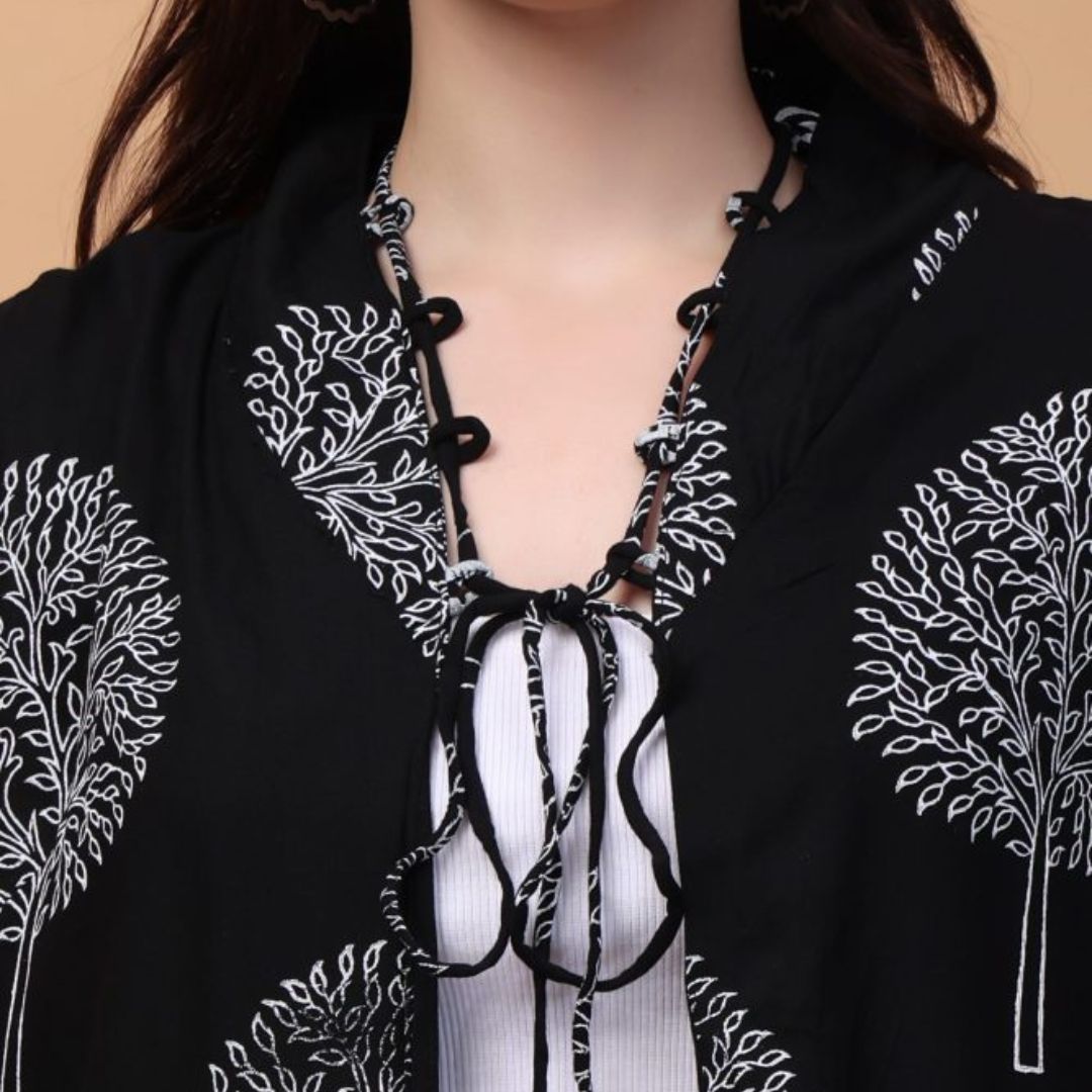 Indha Hand Block Printed Black Shrug Jacket for Girls | Open Front Shrug For Girls | Black Tree Motif Print Short Jacket For Girls