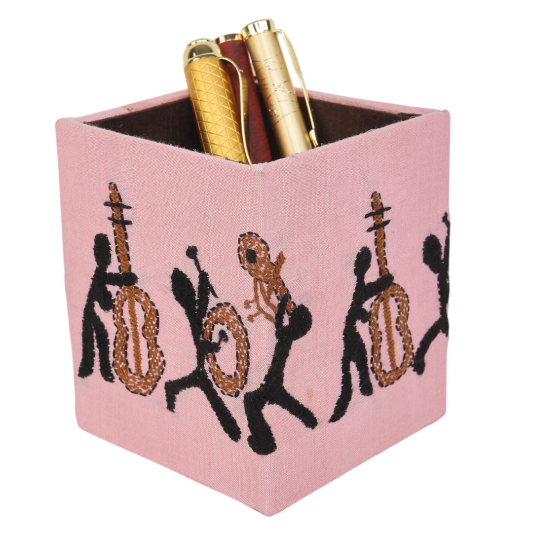 Indha Handcrafted Pen Stand – Embroidered Musician Motif | Eco-Friendly Desk Organizer