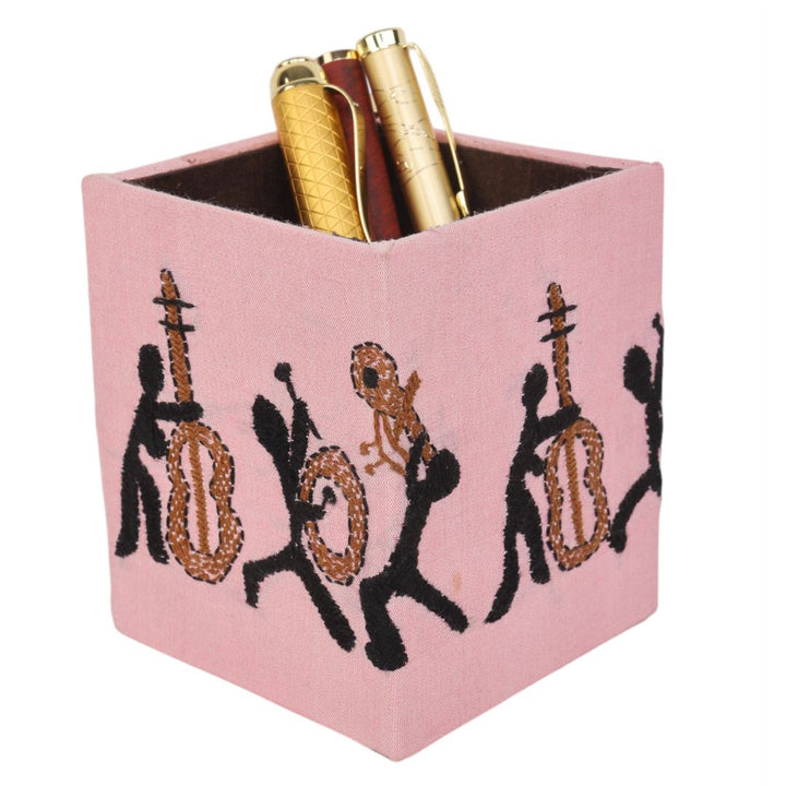 Indha Handcrafted Pen Stand – Embroidered Musician Motif | Eco-Friendly Desk Organizer