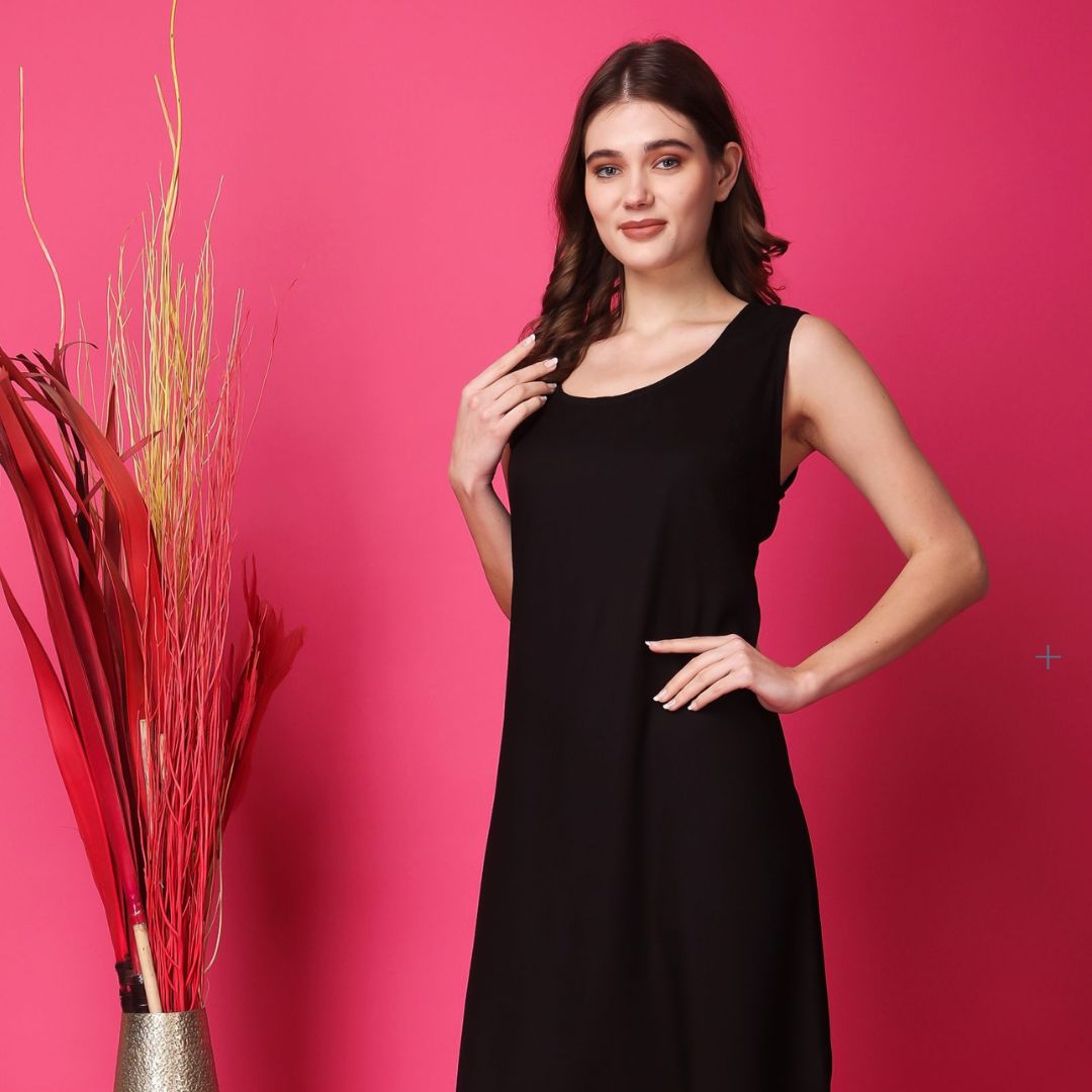 Indha Women Solid Flared Black Dress  | Long Dress | Cotton Dress -XL