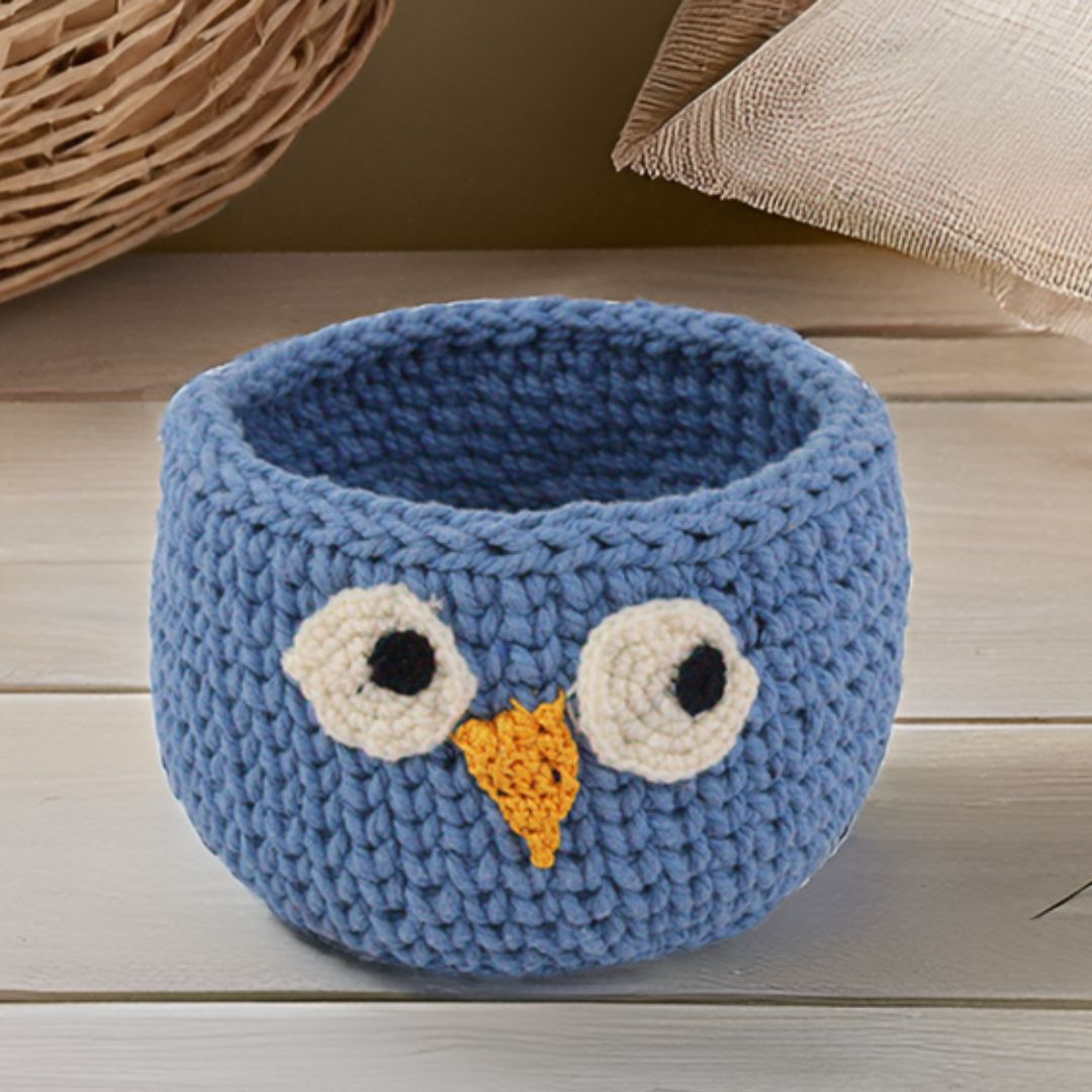 Indha Handcrafted Basket | Hand Knitted Basket | Cotton Rope Basket | Blue Cotton Basket | Owl Design Basket | Eco-Friendly | Storage Basket | Multi Purpose Basket |