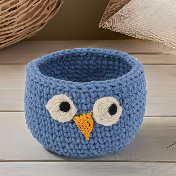 Indha Handcrafted Basket | Hand Knitted Basket | Cotton Rope Basket | Blue Cotton Basket | Owl Design Basket | Eco-Friendly | Storage Basket | Multi Purpose Basket |