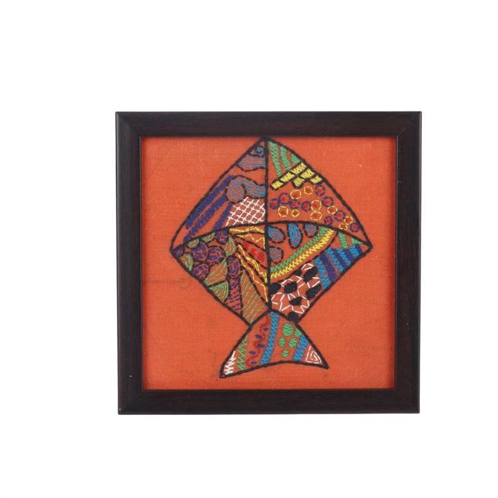 INDHA Rust-Colored Tribal Hand-Embroidered Table Top Wooden, Glass Coaster for Tea/Coffee Table set of 2