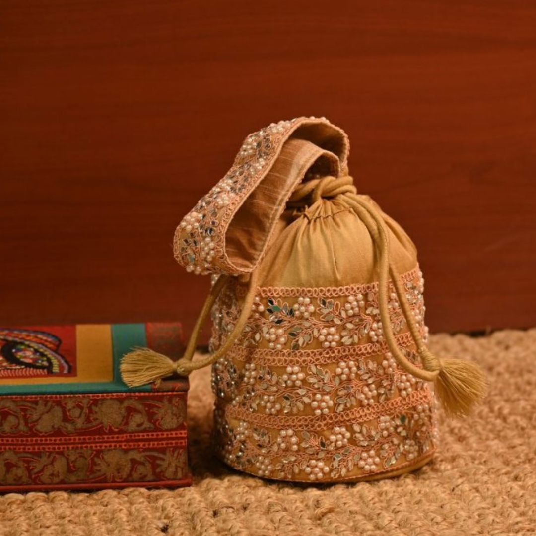 INDHA Handcrafted Potli | Beige Dupion Silk Potli | Chain Stitch Hand Embroidered Floral Design Pattern | Decorative Potli With Beads |