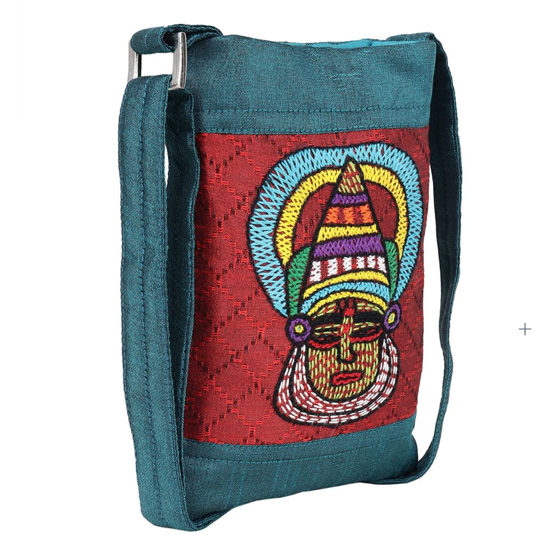 INDHA Women’s Dupion Silk Teal Green Colour Kathakali Face Hand Embroidered Mobile Pouch | Fashion Accessory | Travel Utility
