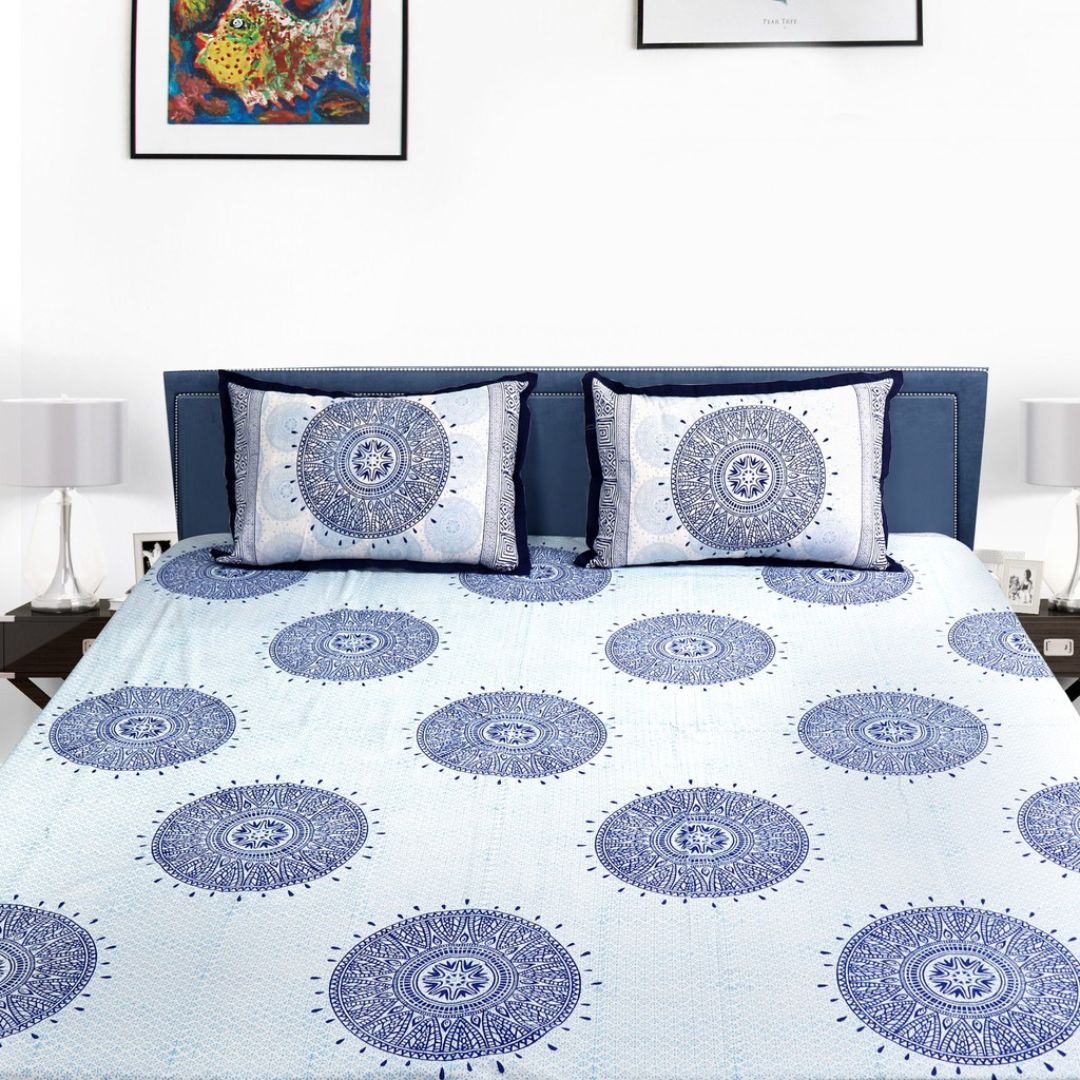 Indha Hand Block Printed Cotton Bed Cover With 2 Pillow Covers | Handmade Bed Sheet | White Bed Cover| 104X84 Inches Bed Cover  | Bed Cover Set | King Size Bed Cover