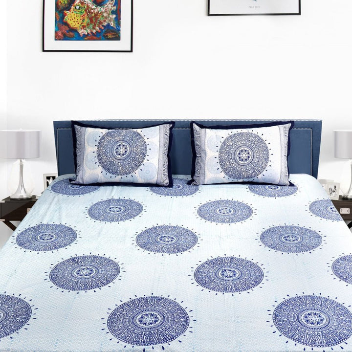 Indha Hand Block Printed Cotton Bed Cover With 2 Pillow Covers | Handmade Bed Sheet | White Bed Cover| 104X84 Inches Bed Cover  | Bed Cover Set | King Size Bed Cover