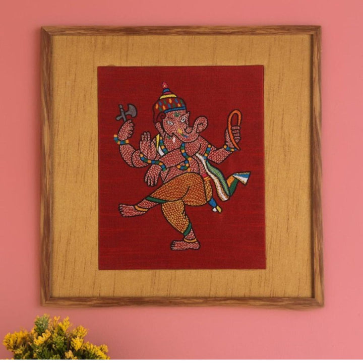 Indha Hand-Embroidered Lord Ganesha Embroidery Wall Art Décor | Sacred Splendor | Unique Gift | Dupion Silk | Eco-Friendly | Indian Art | 39x39 CM | Home &amp; Office Decor