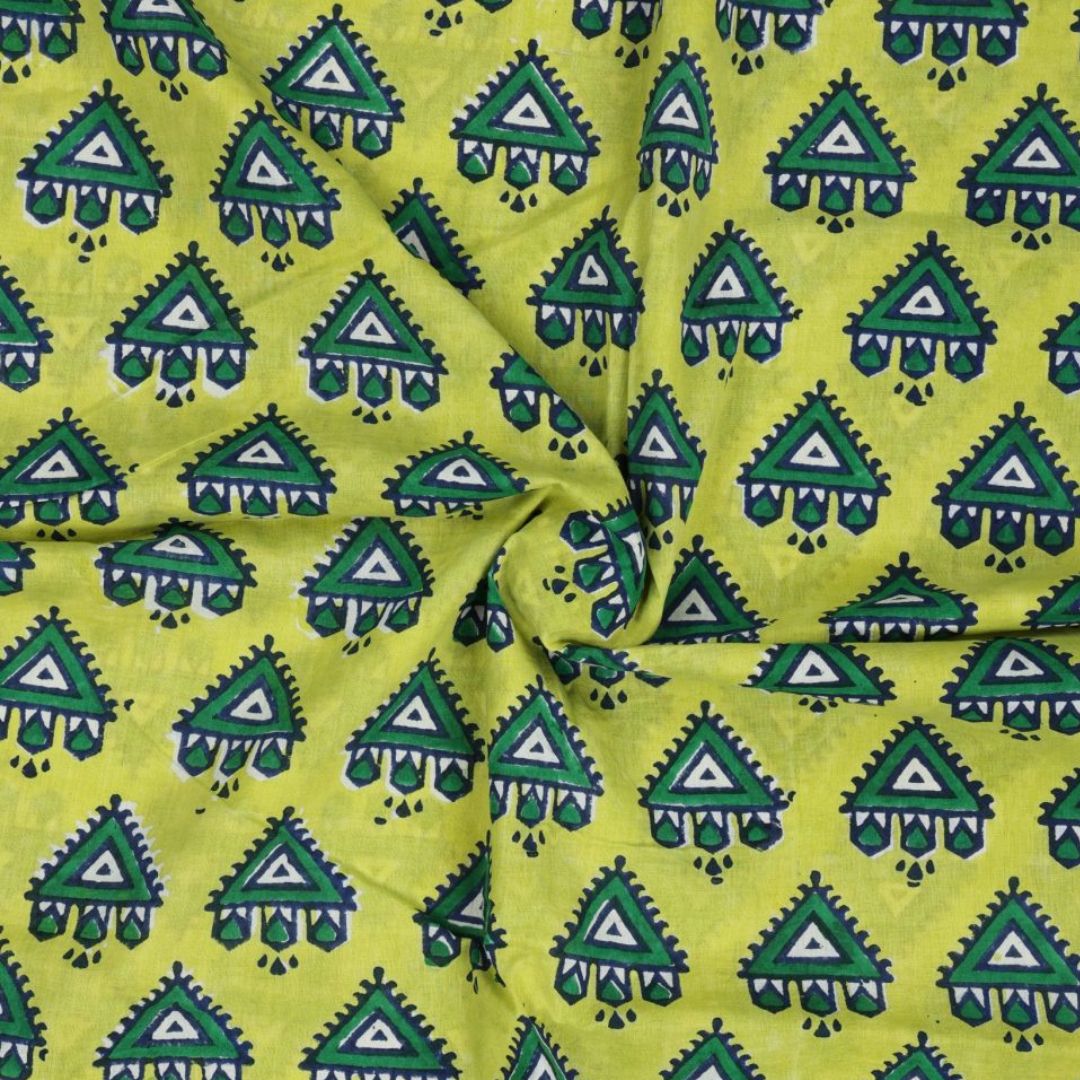 Indha Hand Block-Printed Multicolor Temple Design Motif Light Green Cotton Fabric | Hand Block Printed Fabric | Home Utility | Fashion Utility | Gifting | Gifts For Him | Gifts For Her | Home Furnishing | Jaipuri Block Print Fabric