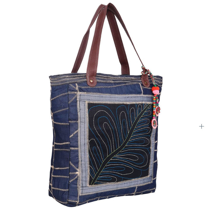 Tote Bag Denim Zig-Zag Leaf Embroidery