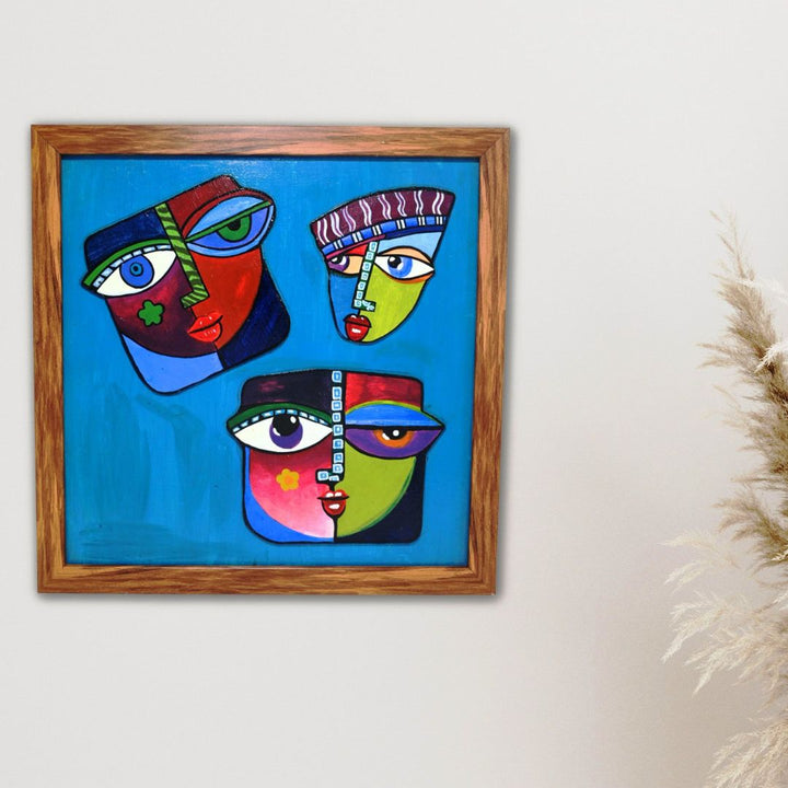 Indha Hand painted Abstract Faces Wall Art | Multicolour Décor with Repurposed Wood Frame &amp; Vegan Leather Back | Artistic Wall Accent Wood Applique