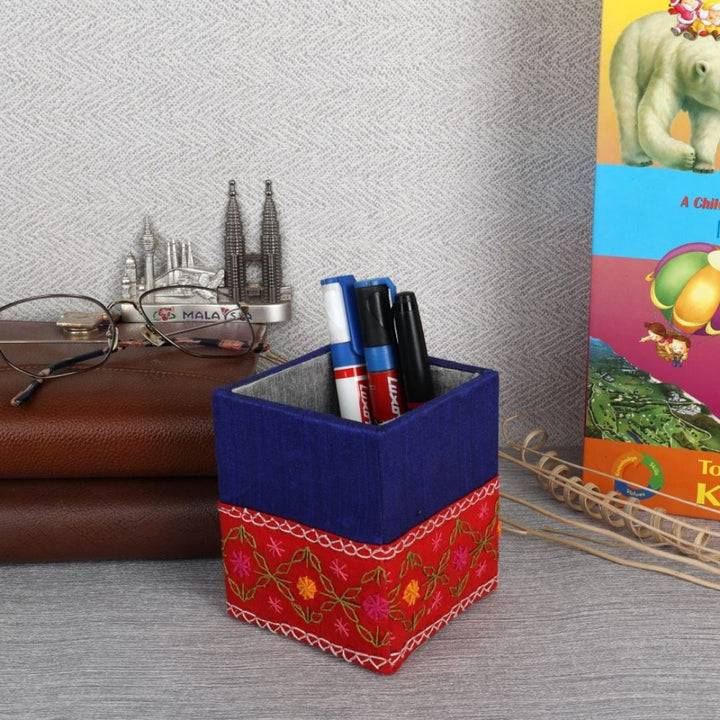 INDHA Chain Stitch Floral Design Pattern Hand Embroidered Blue &amp; Red Pen Stand | Dupion Silk Pen Stand | Cotton Pen Stand | Desk Organizer | Desk Utility | Corporate Gifting | Pen Holder | Handcrafted Pen Stand