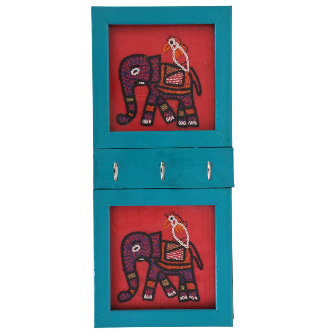 Indha Hand-Embroidered 3-Hook Key Holder | Elephant Motif Wall Art | Crafted with Repurposed Wood | Functional &amp; Artistic Home Accent