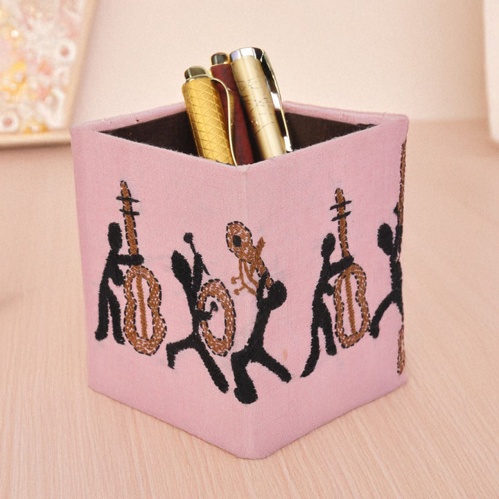 Indha Handcrafted Pen Stand – Embroidered Musician Motif | Eco-Friendly Desk Organizer